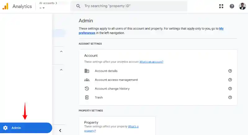 Google Analytics Admin Menu