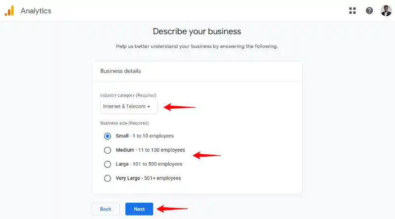 Google Analytics Property Business Category and Size