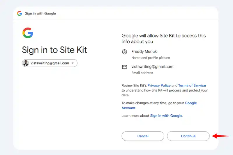 Sign in Google Accounts Site Kit