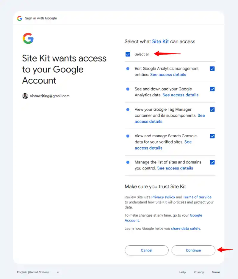 Grant Site Kit Google Account Permissions for the Plugin to Work