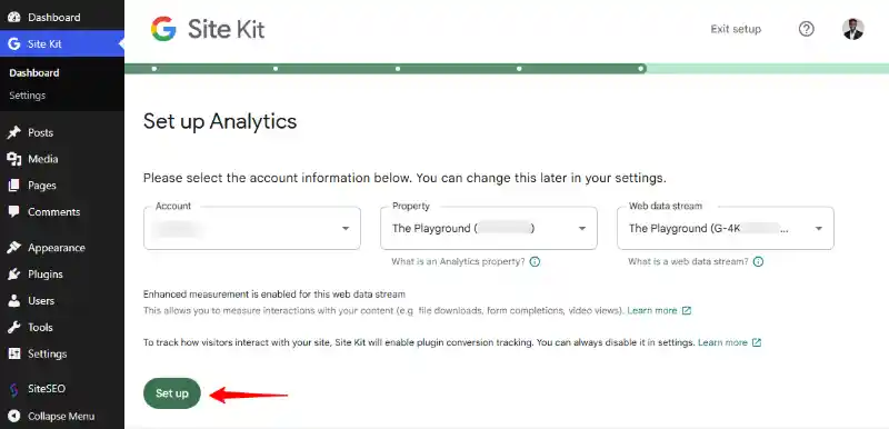 Site Kit by Google WordPress Admin Dashboard Set up Analytics Screen