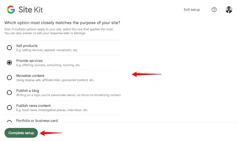 Site Kit by Google Key Metrics Main Website Purpose