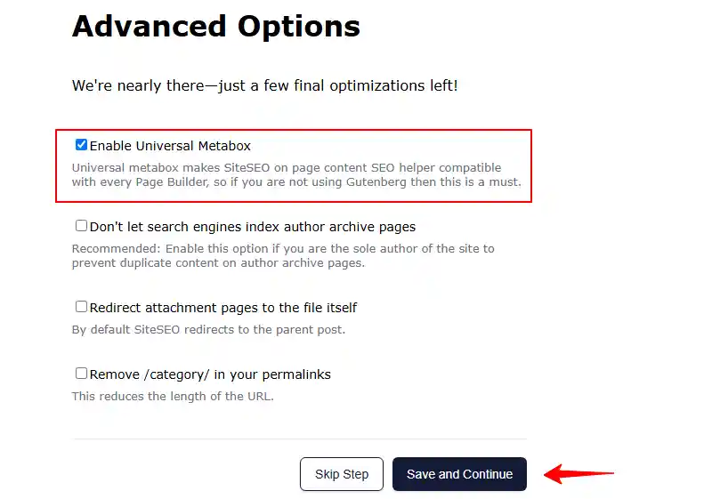SiteSEO Setup Wizard Advancced Options Page