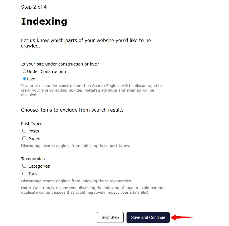Indexing Options in SiteSEO Setup Wizard