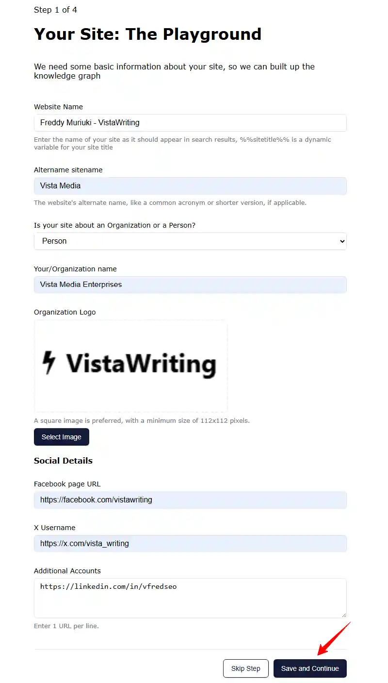 SiteSEO Setup Wizard Basic Site Information