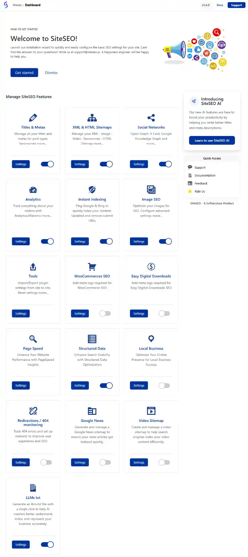 SiteSEO WordPress Dashboard