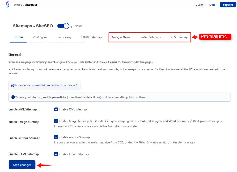 SiteSEO Sitemaps Settings