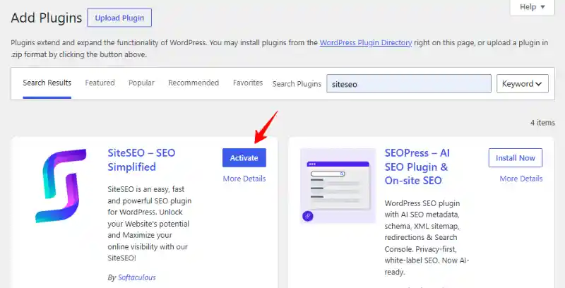 Activating the SiteSEO WordPress SEO Plugin