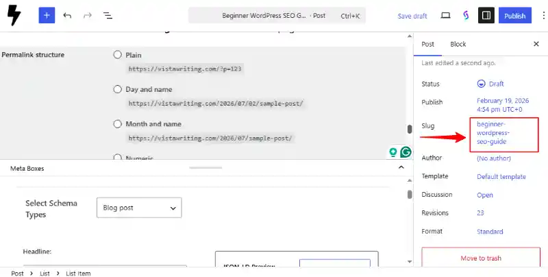 edit post URL in WordPress Gutenberg editor