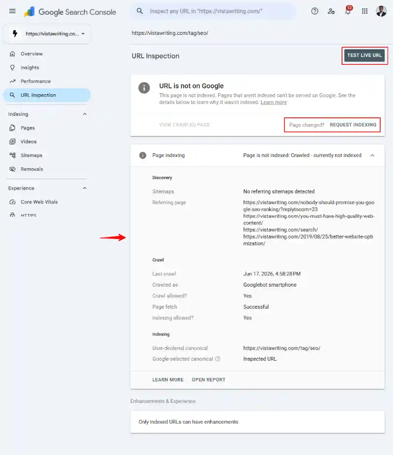 Google Search Console Page Indexing Inspect URL Report