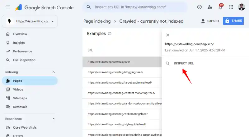 Google Searcn Console Page Indexing Inspect URL