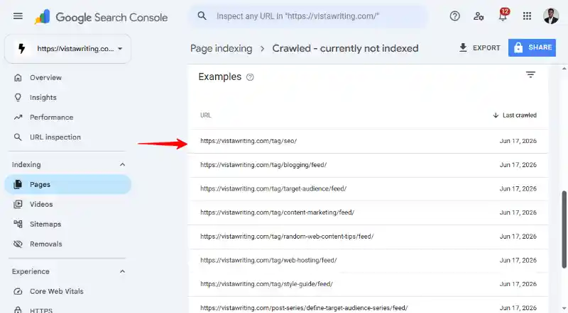 Google Search Console Page Indexing Investigate URLs