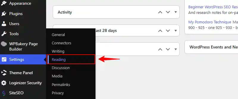 WordPress reading settings menu item